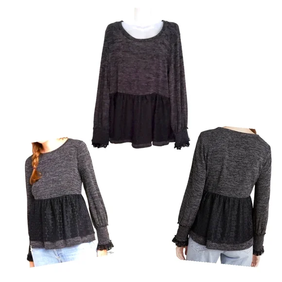 ANTHROPOLOGIE RO+DE Black/Gray Amirah Lace Long Smocked Cuff Sleeve Top XL - Picture 10 of 16